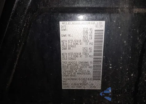 2019 Nissan Pathfinder Sl z USA, uszkodzony, nr VIN 5N1DR2MMXKC610288